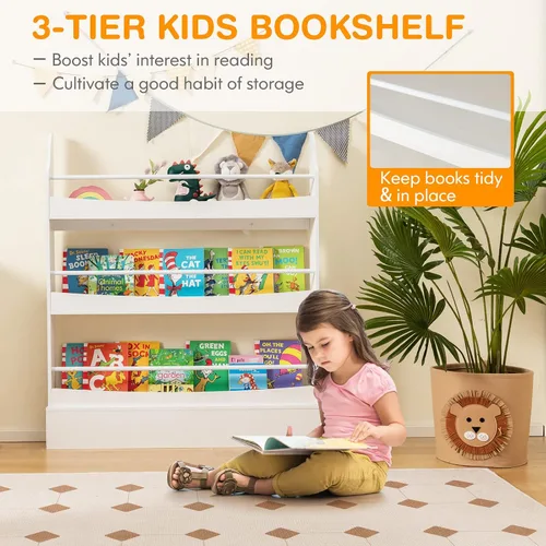 Miniatura 3 de Costzon Estantería para niños montada en la pared, estante organizador de madera de 3 niveles para libros y juguetes, estantería para niños pequeños