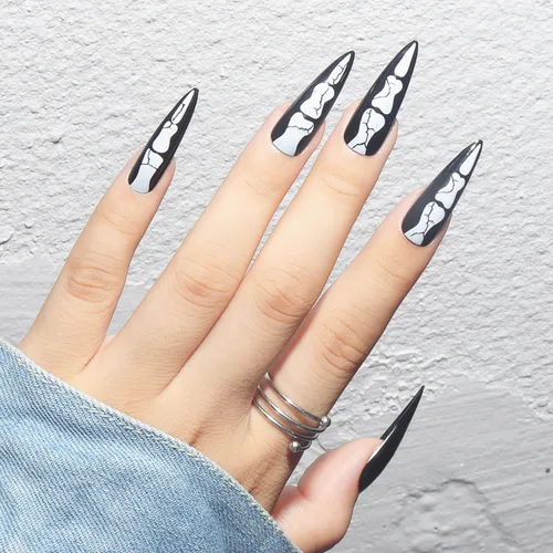 24 uñas postizas largas a presión de Halloween, con diseño de huesos góticos, uñas postizas acrílicas de almendra, hueso de dedo, cobertura