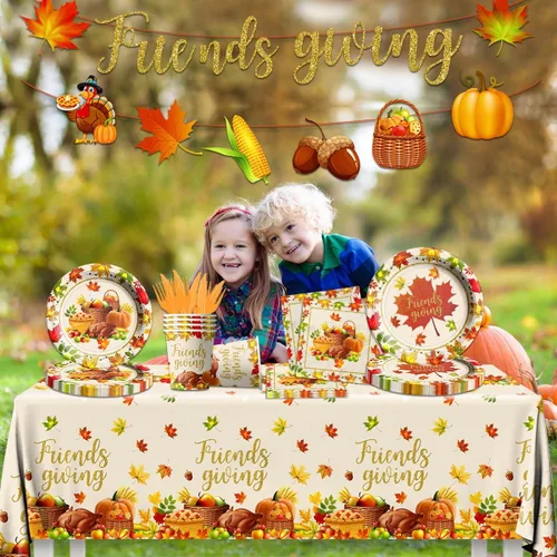 Miniatura 3 de Decoraciones de fiesta de Acción de Gracias para amigos, 142 piezas de vajilla de otoño incluye platos de papel, mantel, tazas. Decoraciones