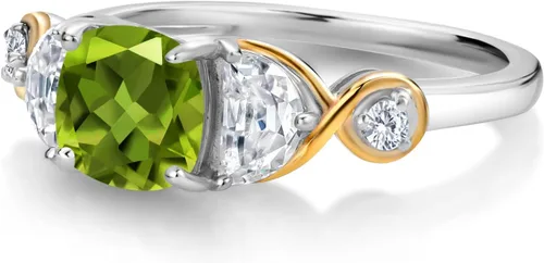 Miniatura 3 de Gem Stone King Anillo de plata 925 y oro amarillo de 10 quilates, con 3 piedras, peridoto y moissanita media luna (1.51 quilates Cttw)
