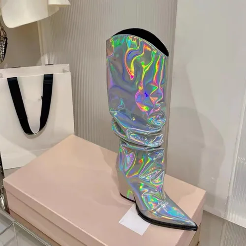 Miniatura 23 de Vertundy Botas altas hasta la rodilla metálicas con punta puntiaguda para mujer, botas altas de tacón alto de charol plisadas, botas largas plisadas