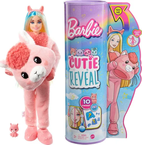 Barbie Muñeco Cutie Reveal, disfraz de felpa de llama de la serie de fantasía, 10 sorpresas, incluyendo mini mascota y cambio de color