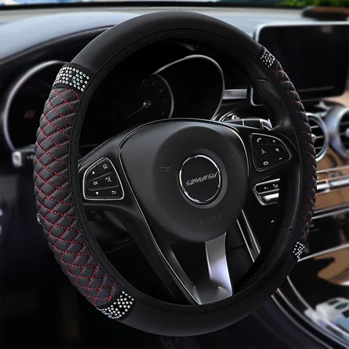 Miniatura 13 de Funda para volante de cuero suave brillante de 15 pulgadas con diamantes de imitación con brillos para mujeres y niñas – Accesorio elástico