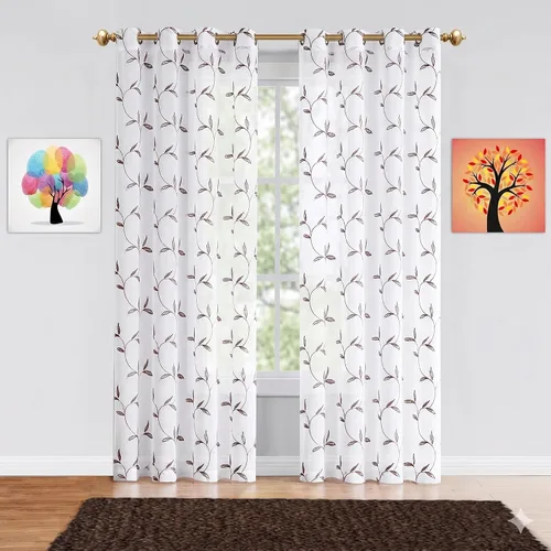 Miniatura 11 de Cortinas LinenZone de piso a techo para ventanas extra anchas. Cortinas transparentes blancas para divisores de habitación con bordado de hojas rosa