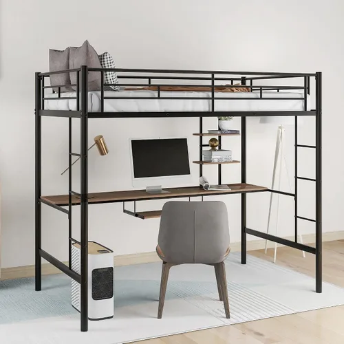 Majnesvon Cama tipo loft de tamaño individual, cama alta con escritorio y estantes de almacenamiento, cama alta de metal tamaño individual con
