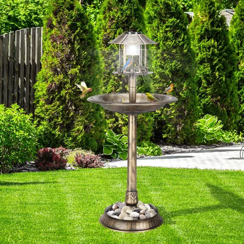 Miniatura 8 de Outvita baño para pájaros al aire libre, decoraciones de baños de pájaros de jardín con lámpara solar y base de maceta de flores de resina