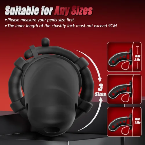 Miniatura 4 de Jaula de castidad masculina para polla negro, jaula de castidad grande de silicona con anillos ajustables de 3 tamaños para hombre