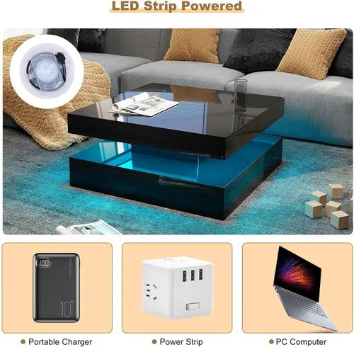 Miniatura 5 de HedoAjim Mesa de centro LED negra para sala de estar, mesa de sala de estar, mesas centrales cuadradas de 2 niveles, mesas de centro de madera