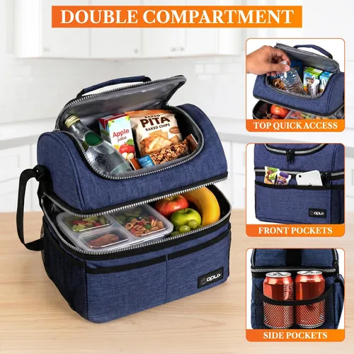 Miniatura 5 de OPUX Lonchera para hombres y mujeres, lonchera grande aislada para adultos, trabajo, doble lonchera de dos niveles, preparación de comidas, Azul