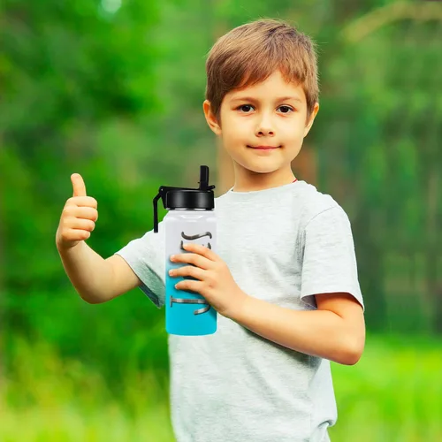 Miniatura 9 de Botella de agua personalizada para niños con tapa de popote en azul aguamarina degradado para la escuela, nombre personalizado para niños, 18 onzas