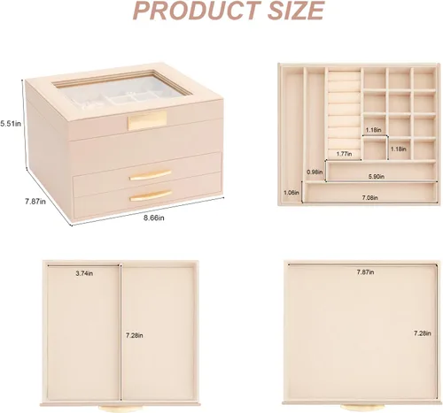 Miniatura 6 de Caja organizadora de joyas, organizador de joyas de 3 capas con 2 cajones, cajas de joyería para exhibir aretes, collar, reloj, pulsera y anillos