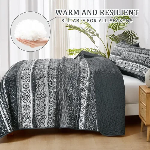Miniatura 3 de WONGS BEDDING Juego de edredón bohemio tamaño Queen, juego de ropa de cama bohemio negro, colcha ligera para decoración de cama para todas