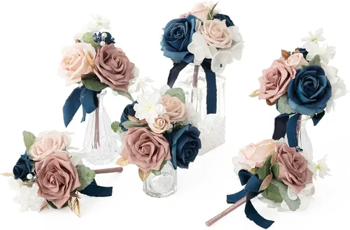 Miniatura 14 de Ling's moment Juego de 6 mini ramos de flores de boda color burdeos y negras para dama de honor, prefabricados, pequeños, florales, granate