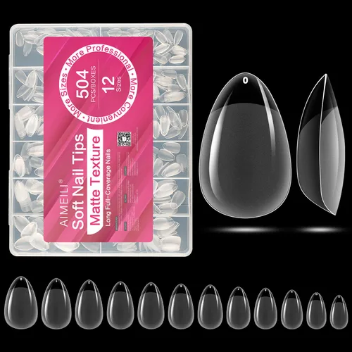 Miniatura 20 de AIMEILI 432 puntas de uñas postizas cortas de almendra, redondas, de cobertura completa, para extensión de uñas de remojo, uñas postizas acrílicas a