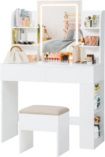 JUMMICO Tocador de maquillaje con espejo y luces, escritorio de tocador con 3 modos de color y brillo de luz ajustable, mesa de maquillaje con cajón