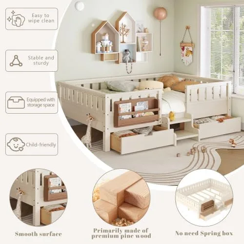 Miniatura 5 de Bellemave Cama Montessori de tamaño Queen con 2 cajones y estantería, camas de suelo para niños con barandillas de seguridad y escaleras, marco