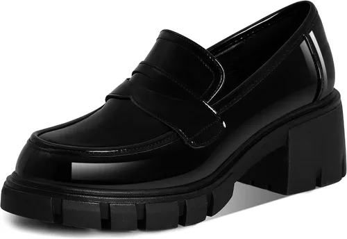 AMINUGAL Mocasines de plataforma vintage para mujer, tacones gruesos, sin cordones, con punta redonda, uniforme, de moda, zapatos de vestir,