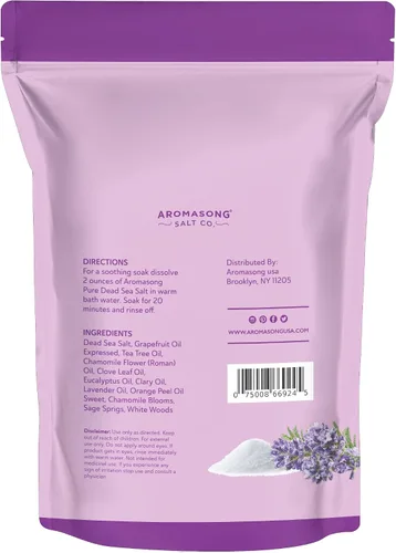 Miniatura 7 de Aromasong Sal del Mar Muerto para remojar con aceite esencial de lavanda natural, 14 onzas, sal de baño de spa, grano fino, 7 usos por paquete