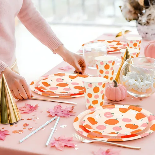 Miniatura 6 de Whaline 168 Pcs Fall Pumpkin Paper Plates Napkins Set Autumn Pink Orange A Little Pumpkin Is On The Way Disposable Tableware Cups and Cutlery for 24