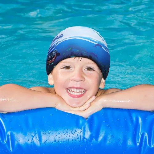 Miniatura 7 de Geyoga 3 piezas de gorras de natación para niños y niñas, gorras de natación para niños de 2 a 12 años, gorro de natación para piscina, gorro de Azul