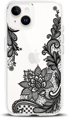Compatible con iPhone 13, funda protectora de encaje negro transparente con flores florales a prueba de golpes, parte trasera dura, delgada, bonita