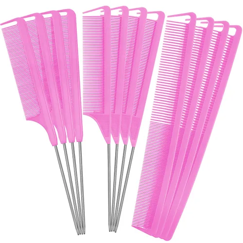 Miniatura 9 de Patelai Juego de 12 peines de cola de rata, peine de separación para trenzar peines de dientes finos con cola de acero resistente al calor, Negro