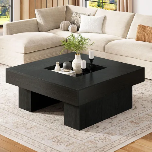 Miniatura 13 de LVB - Mesa de café negra, mesa de sala moderna de madera con LED y almacenamiento, mesa central única de gran tamaño y forma rectangular con luz