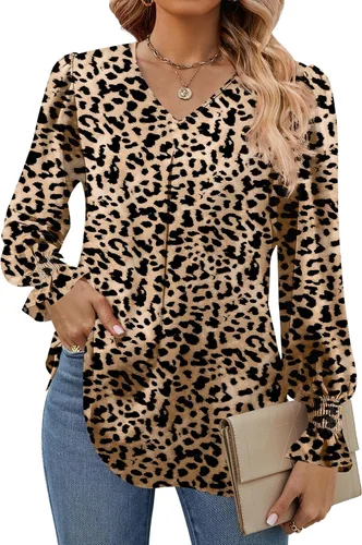 Miniatura 12 de Funlingo Blusas de mujer con mangas largas 2025, elegantes y casuales, con cuello en V, túnica suelta de gasa para el trabajo