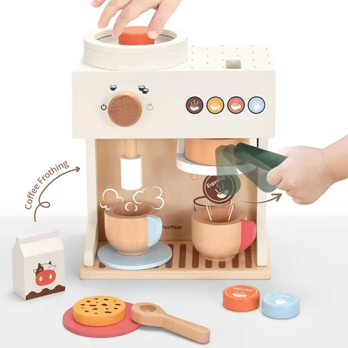 Miniatura 2 de PairPear Juego de simulación de cafetera de espresso de madera 18 piezas Set de barista con cápsulas, tazas y galletas, accesorio de cocina