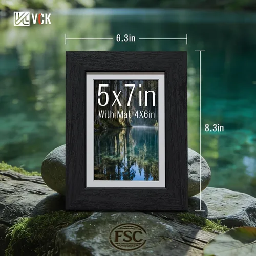 Miniatura 2 de VCK Paquete de 2 portarretratos de 5 x 7, color negro, de madera de alta gama con vidrio templado, para fotos de 4 x 6 con paspartú o 5 x 7 sin