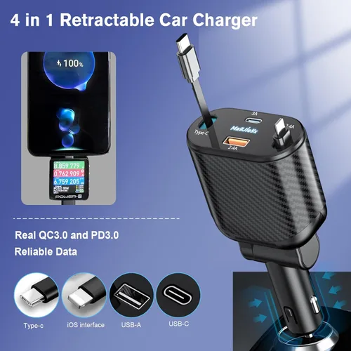 Miniatura 5 de MAGJIEYX Cargador retráctil para automóvil 4 en 1, adaptador de carga rápida MAGJIEYX de 62 W, cables retráctiles tipo C/USB-i y dispositivos USB