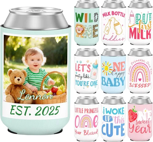 Enfriador de latas personalizado de primer cumpleaños a granel con nombre de foto, decoraciones personalizadas para el primer cumpleaños del bebé,