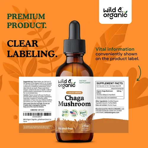Miniatura 9 de Wild & Organic Tintura de hongos Chaga - Apoyo inmunológico con extracto líquido de hongo Chaga - Suplemento de gotas de inmunidad - Vegano, sin