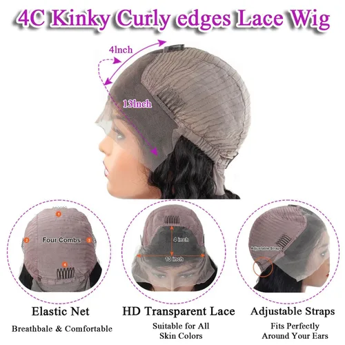 Miniatura 5 de Peluca de encaje frontal de 13 x 4 pulgadas, con bordes rizados, 4C, pelucas de cabello humano para mujeres negras, sin pegamento, encaje HD