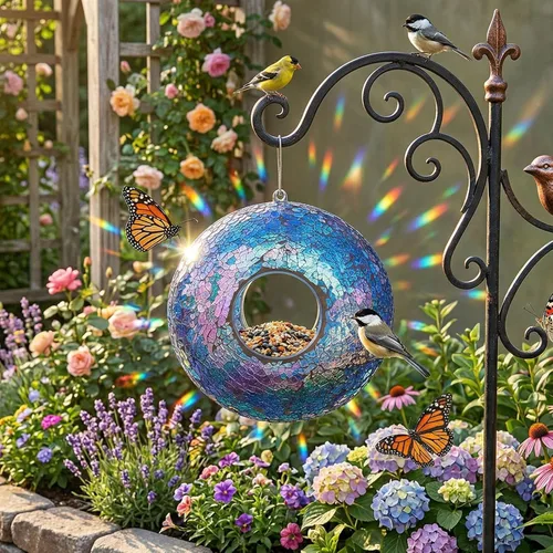 Miniatura 5 de Comedero para pájaros, redondo a prueba de ardillas, diseño de vidrio colgante con vuelo, comedero grande en forma de corona, patrones de mosaico