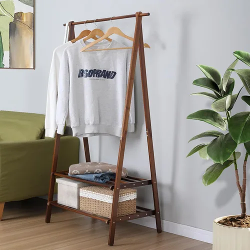 Miniatura 3 de Jotsport Perchero de bambú plegable para colgar ropa con estante de almacenamiento de 2 niveles para lavandería, habitación de invitados