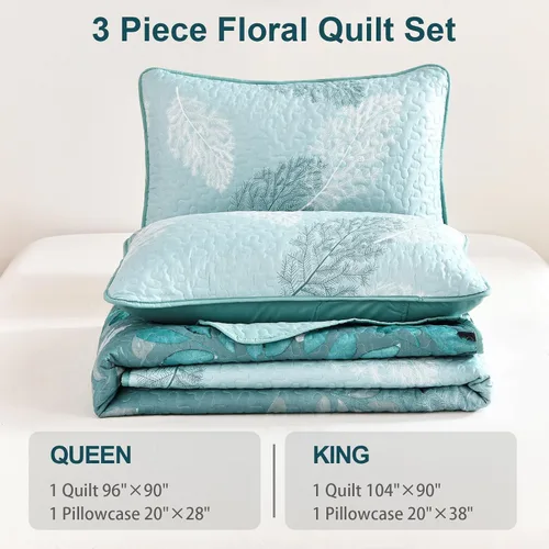 Miniatura 6 de WONGS BEDDING Juego de edredón floral tamaño Queen, 3 piezas, colcha con hojas botánicas en color agua, juego de edredón con 2 fundas de almohada