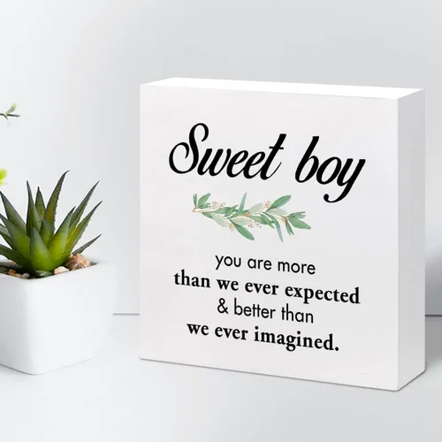 Miniatura 5 de Letrero de madera con texto en inglés "Sweet Boy You are More Than We Ever Expected", con cita inspiradora, caja de madera, placa para niños