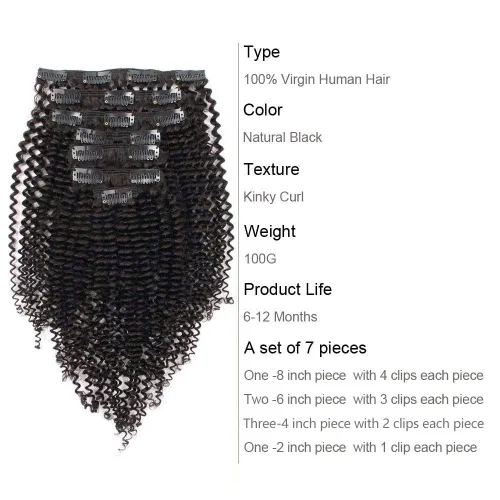 Miniatura 3 de ABH AMAZINGBEAUTY HAIR Kinkys - Extensiones de cabello rizado con clip, 3C y 4A, doble trama, cabello humano Remy real rizado para afroamericanos