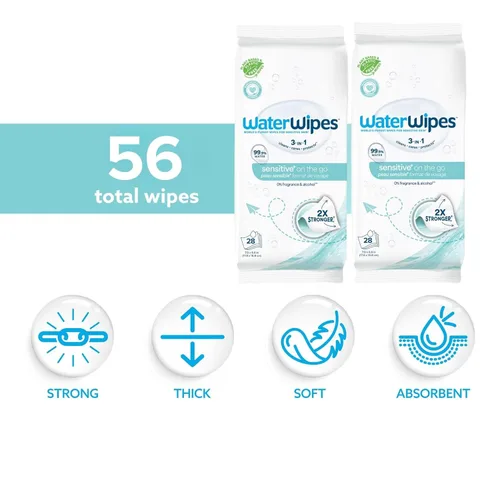 Miniatura 2 de WaterWipes Sensitive+ On The Go Wipes, 3 en 1 limpia, cuida, protege, 99.9% de agua, toallitas húmedas hipoalergénicas y sin perfume, 28
