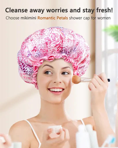Miniatura 6 de mikimini Gorro de ducha grande para mujer, cabello largo, 1 paquete, diseño romántico de pétalos, doble capa impermeable, reutilizable, lavable
