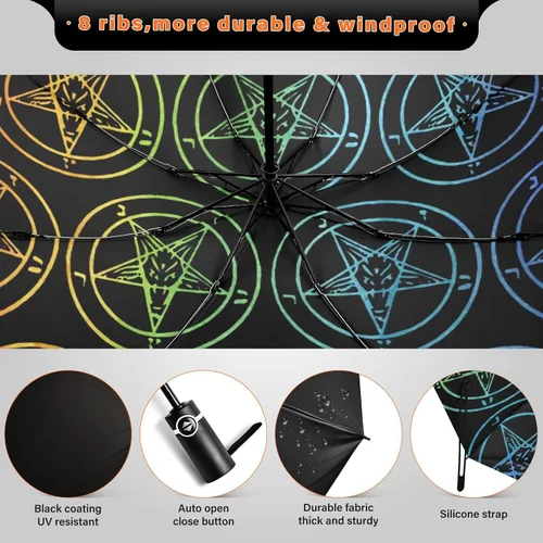 Miniatura 4 de UV Blocking Automatic Open Umbrella Baphomet-satanic-goat-gay-rainbow Portable Travel Folding Umbrellas with Cover Bag