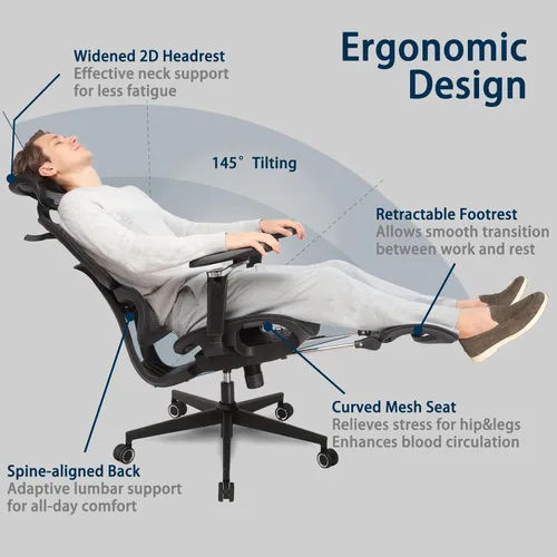 Miniatura 3 de Silla de oficina ergonómica grande y alta con reposapiés, reposabrazos ajustables en 5D, soporte lumbar, silla giratoria reclinable de malla