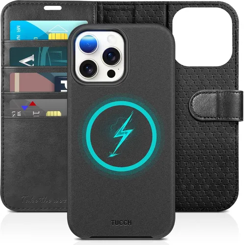 Miniatura 11 de Funda tipo billetera TUCCH para iPhone 15 Pro Max, con bloqueo RFID, con soporte para 4 tarjetas, a prueba de golpes, con interior de TPU, con funda