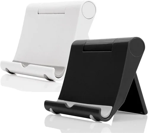 Miniatura 15 de Soporte de teléfono celular para escritorio, paquete de 2 soportes para teléfono móvil, soporte para tableta de escritorio, soporte plegable blanco