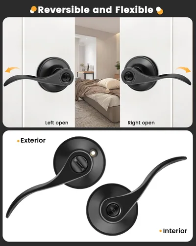 Miniatura 4 de Gobrico - Manija de puerta de privacidad negra mate, paquete de 1, palanca interior sin llave para dormitorio y baño, reversible, estilo onda/gota
