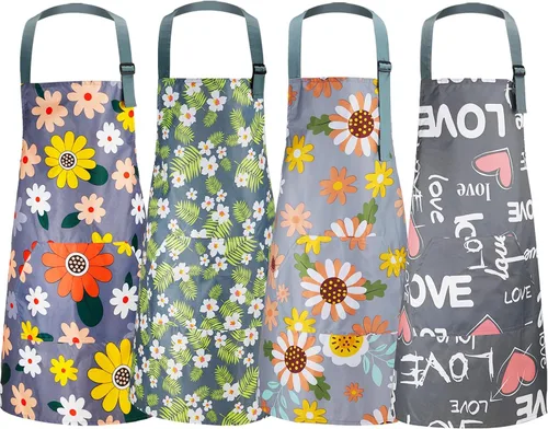Jeffbaubl Paquete de 4 delantales florales con bolsillo, delantales de cocina ajustables, delantales impermeables para mujeres, delantales de cocina