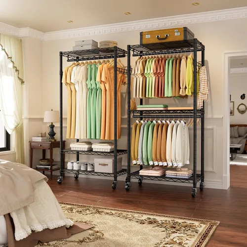 Miniatura 2 de Estante para ropa resistente con ruedas, estante enrollable para prendas, estantes ajustables de alambre de 3 niveles para colgar ropa con barras