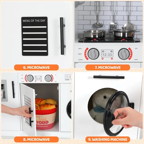 Miniatura 5 de Arlopu Juego de cocina para niños, juego de juguetes de madera con diseño realista, sonidos de luces, ollas y utensilios para niños y niñas a partir