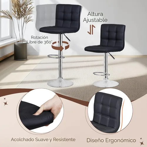 Miniatura 7 de ZENY Juego de 4 taburetes de bar giratorios ajustables, modernos taburetes de bar de cocina de piel sintética, taburete de bar con respaldo cuadrado